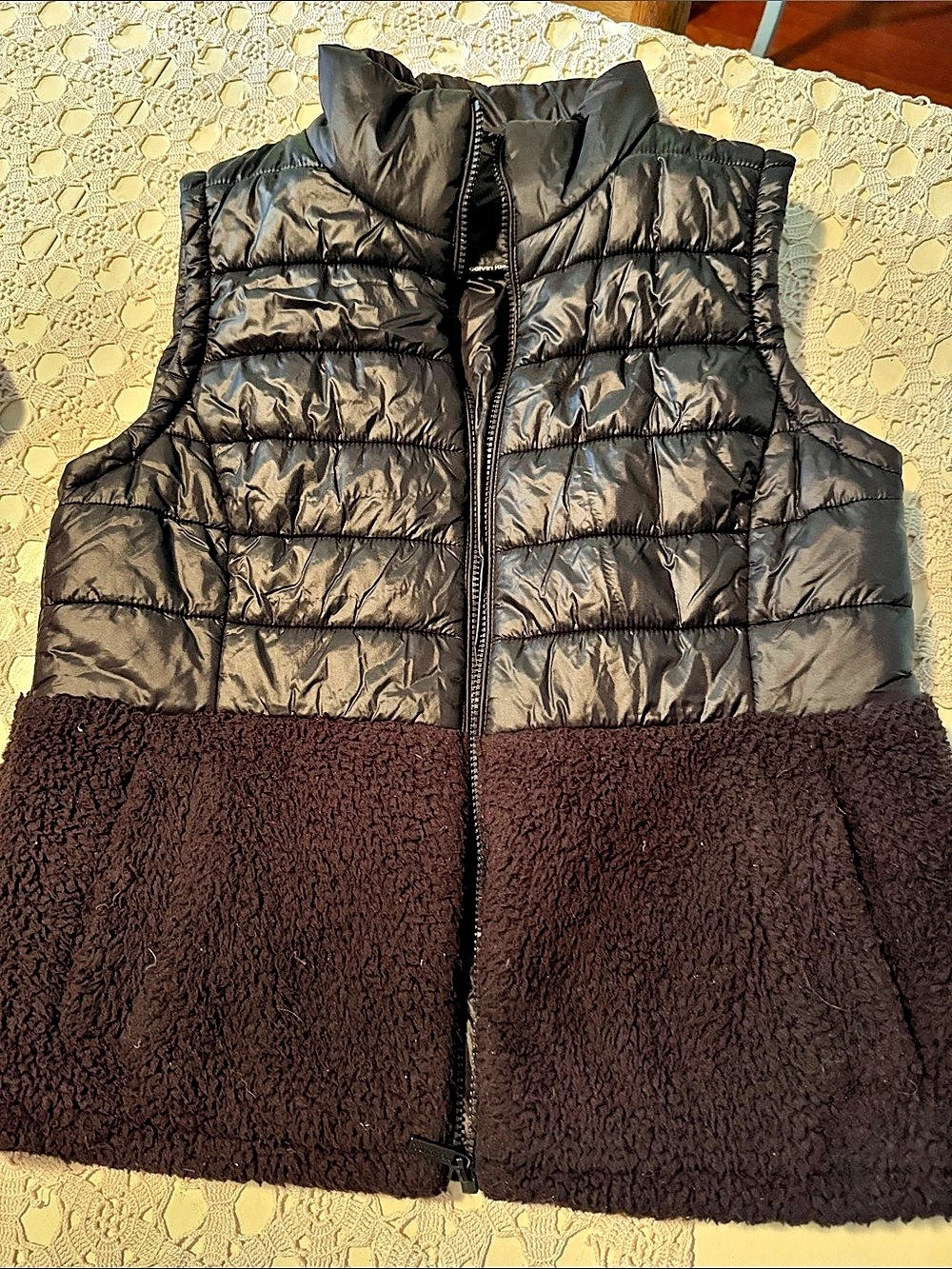 Calvin Klein Mixed Media Puffer Sherpa Fleece Vest Black & Brown